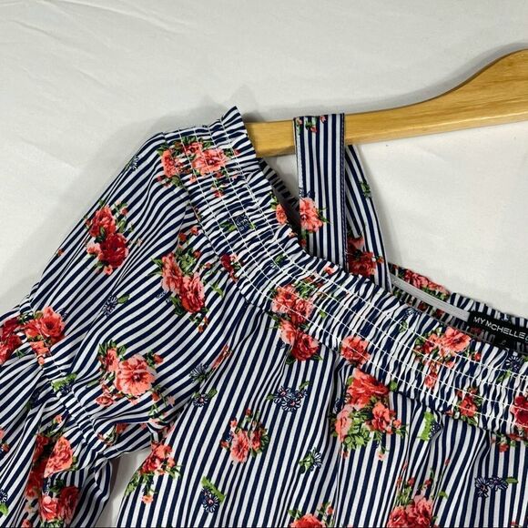 My Michelle Blue and White Striped Floral Romper - Picture 6 of 13